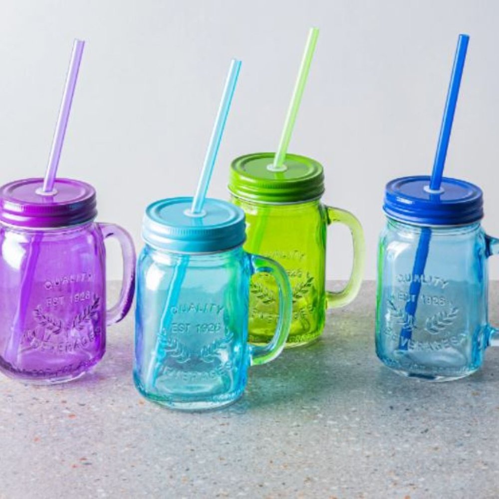 ! Colourful glass mason jar mugs w/ lids & straw